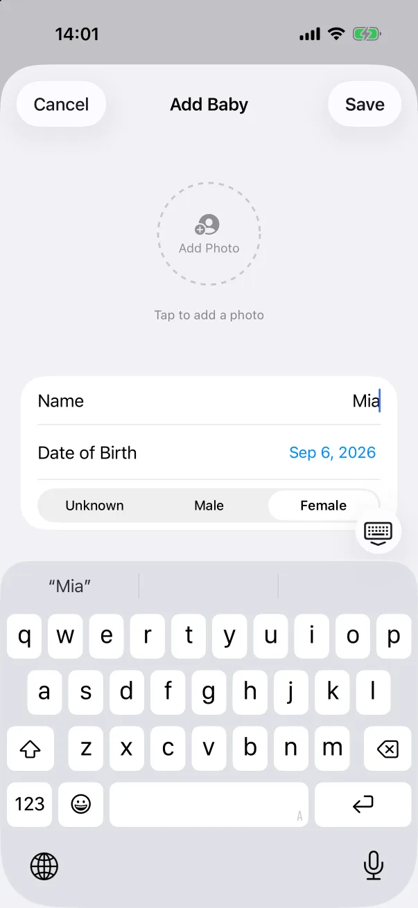 Name and gender filled in; Save is enabled.