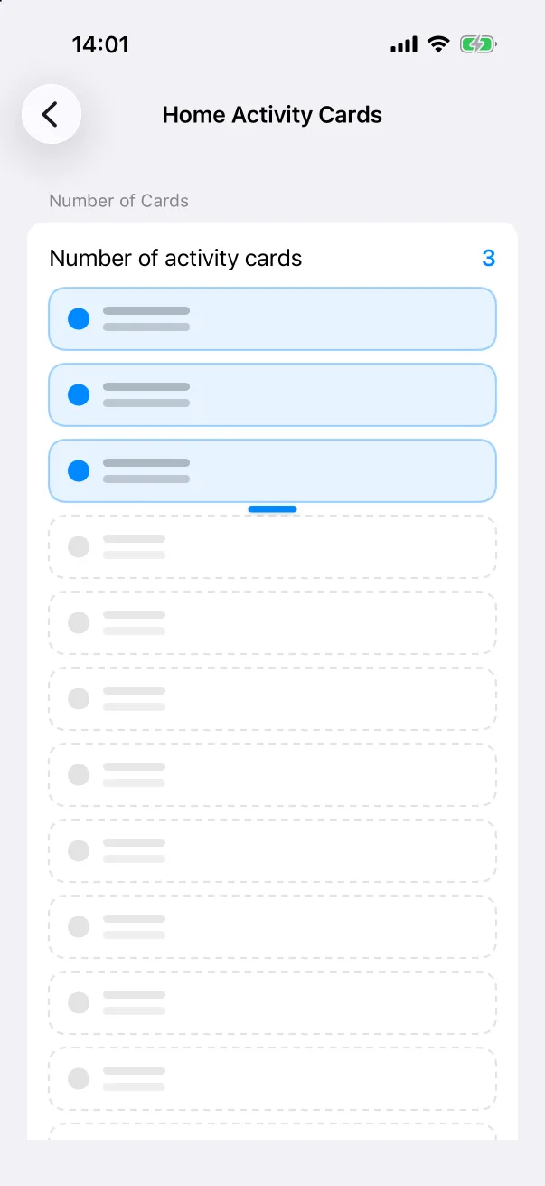 Settings → Home Activity Cards sets how many cards are shown.