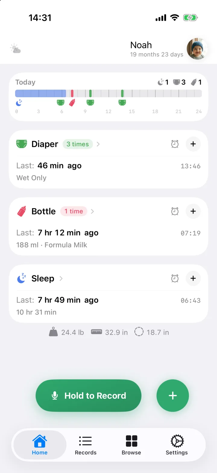 Baby Memos home screen in daylight: today's timeline, sleep, solid food and supplement cards