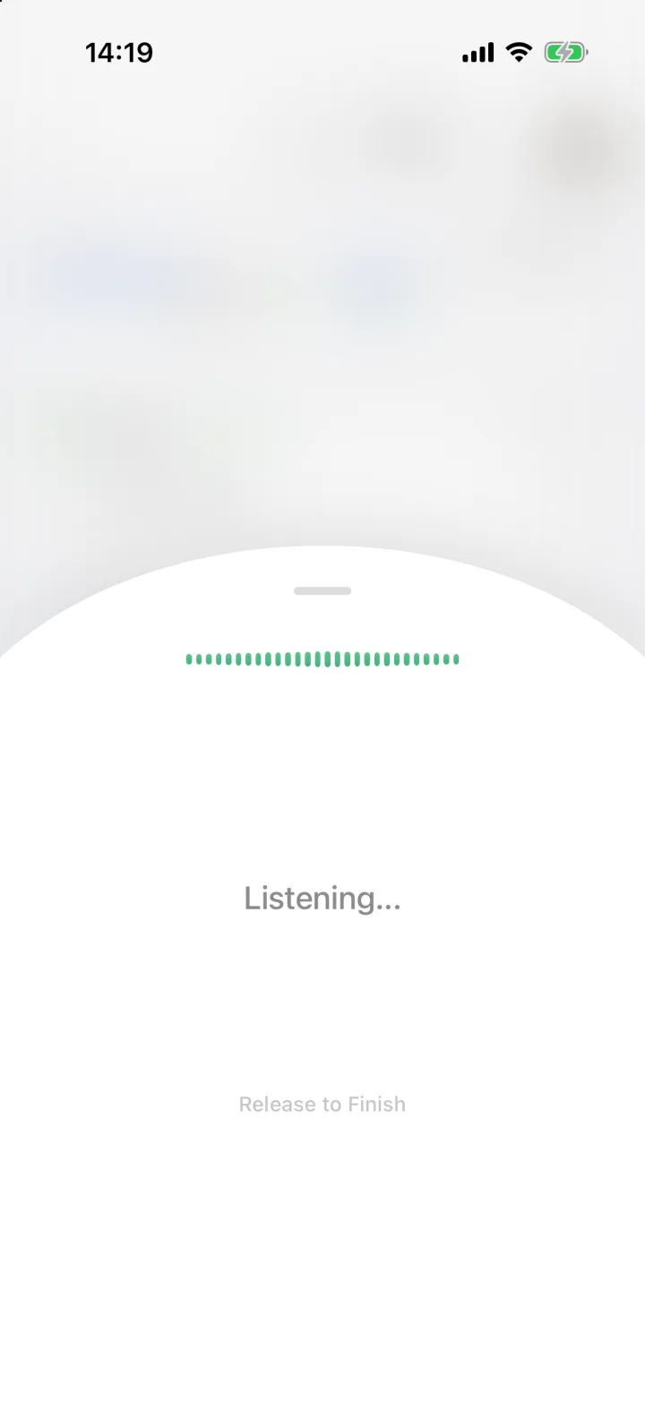 Holding the record button: a waveform, “Listening…”, and “Release to Finish”